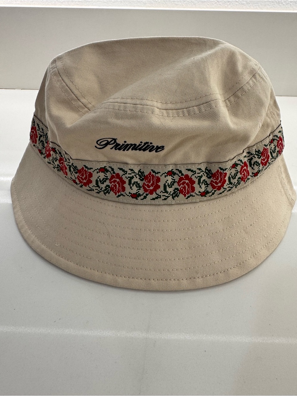 Primitive Cream Bucket Hat with Red Rose Band